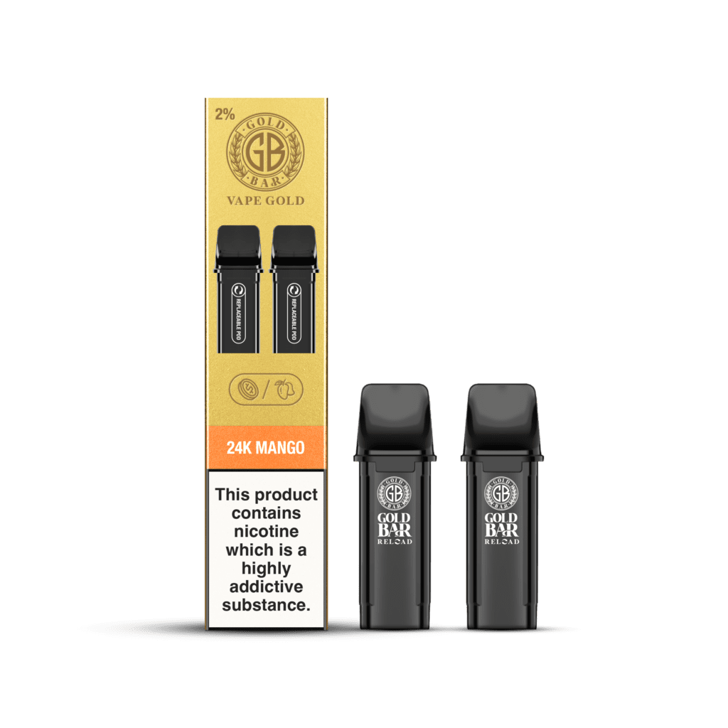 Gold Bar Reload, Cartuchos de Recambio para el Vaper Recargable, cartucho cerrado, closed pos system, sabor mango, 2 piezas