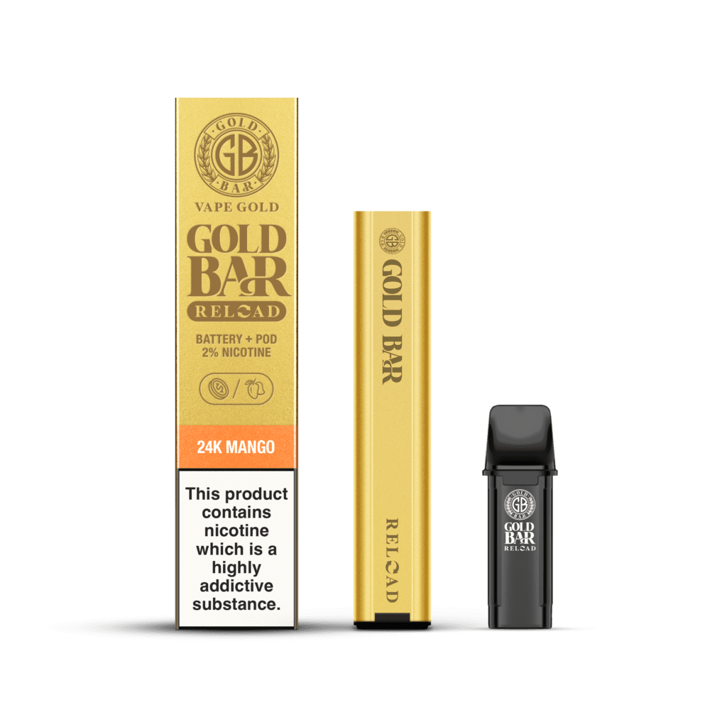 Gold Bar Reload Set de Vaper recargable sistema pod cerrado con 1 cartucho de sabor Mango, Gold Bar Reload Rechargable Vaper Type Closed POD system with 1 POD flavour Mango
