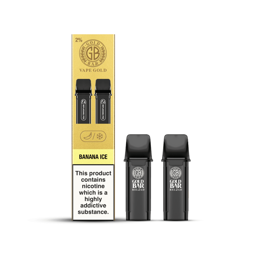 Gold Bar Reload, Cartuchos de Recambio para el Vaper Recargable, cartucho cerrado, closed pos system, sabor platano hielo, Banana Ice, 2 piezas