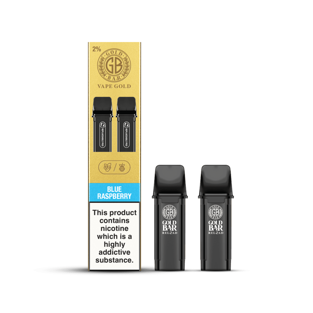 Gold Bar Reload, Cartuchos de Recambio para el Vaper Recargable, cartucho cerrado, closed pos system, sabor frambuesa, blue razz, 2 piezas