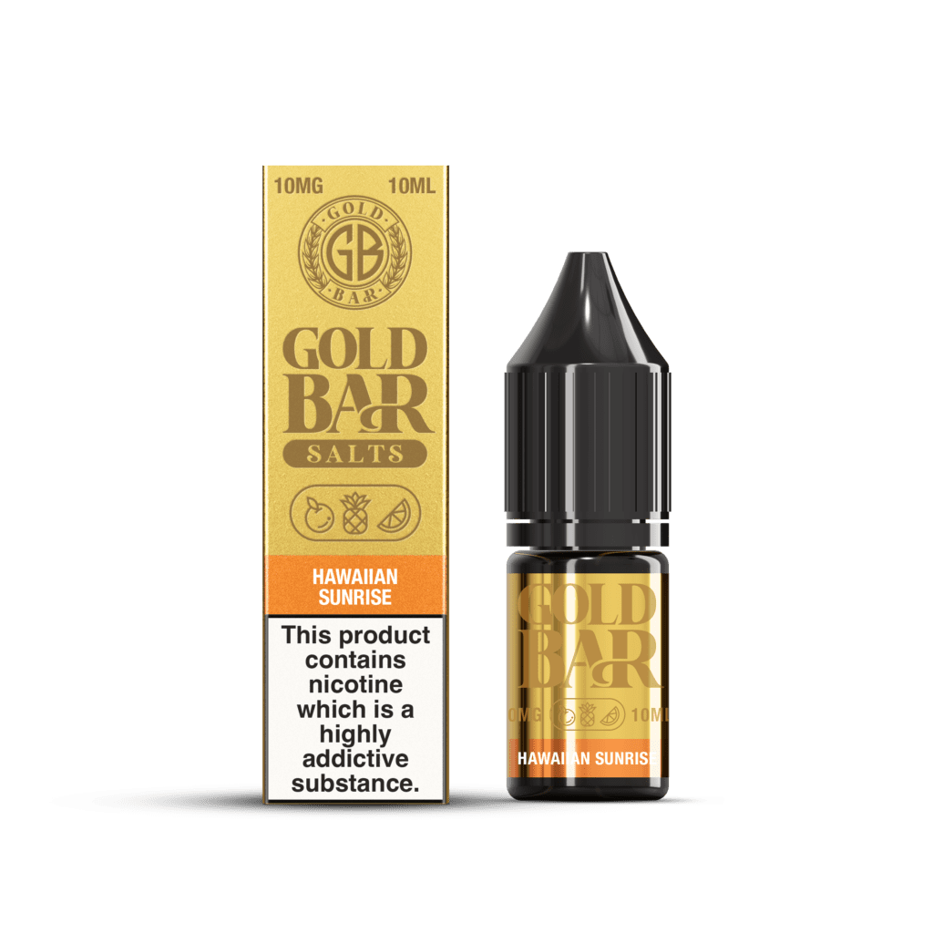 Botella y Embalaje de Gold Bar e-líquido tipo sales de nicotina sabor Hawaiian Sunrise, mango, sandía melocotón, Mango Watermelon Peach