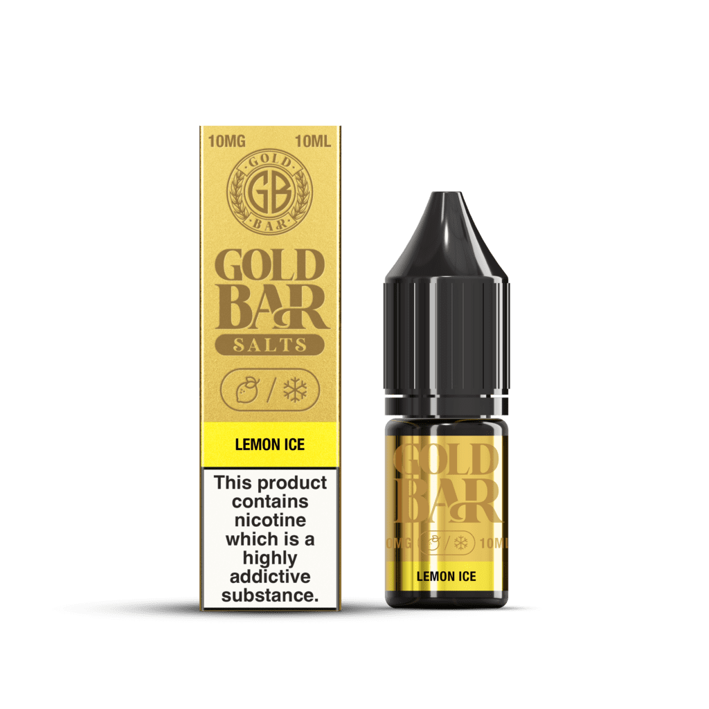 Botella y Embalaje de Gold Bar e-líquido tipo sales de nicotina sabor limón hielo, lemon ice