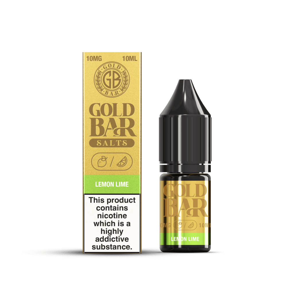 Botella y Embalaje de Gold Bar e-líquido tipo sales de nicotina sabor limón lima, lemon lime