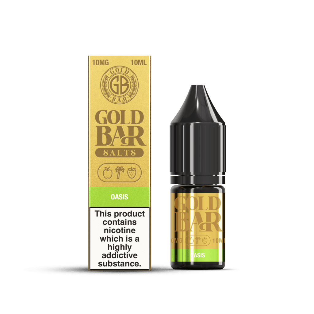 Embalaje y Botella de Gold Bar e-líquido tipo sales de nicotina sabor Oasis, Piña, mango, maracuyá, bayas mixtas, hielo, Pineapple, Mango, Passionfruit, mixed berries, Ice