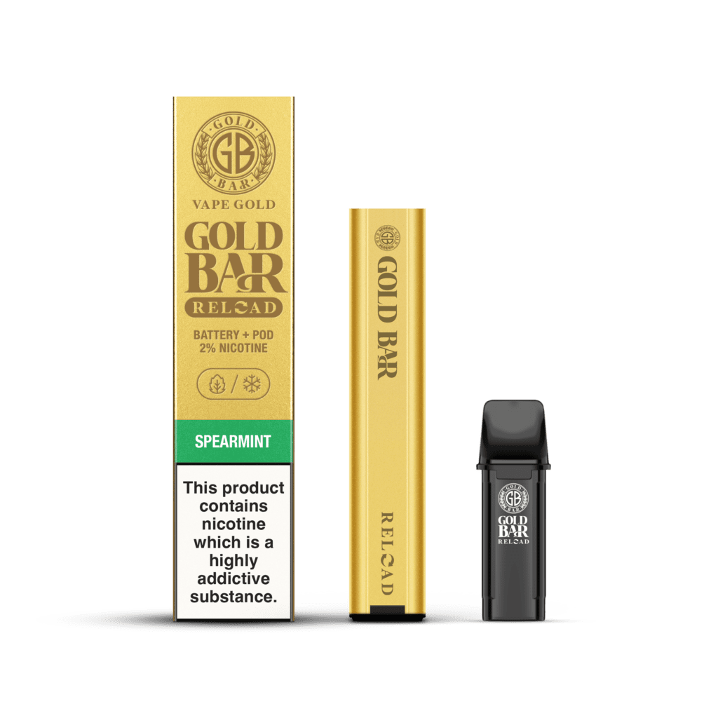 Gold Bar Reload Set de Vaper recargable sistema pod cerrado con 1 cartucho de sabor hierbabuena, Gold Bar Reload Rechargable Vaper Type Closed POD system with 1 POD flavour Spearmint