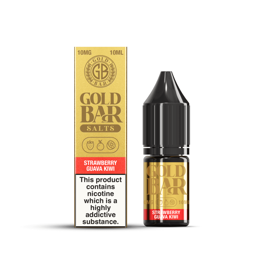 Embalaje y botella de Gold Bar e-líquido tipo sales de nicotina sabor strawberry guava kiwi, fresa guayaba kiwi