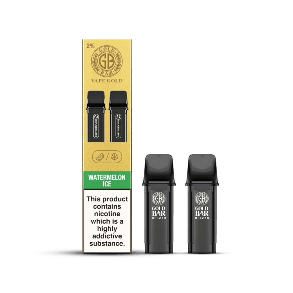 Gold Bar Reload, Cartuchos de Recambio para el Vaper Recargable, cartucho cerrado, closed pos system, sabor sandía y hielo, Watermelon Ice, 2 piezas