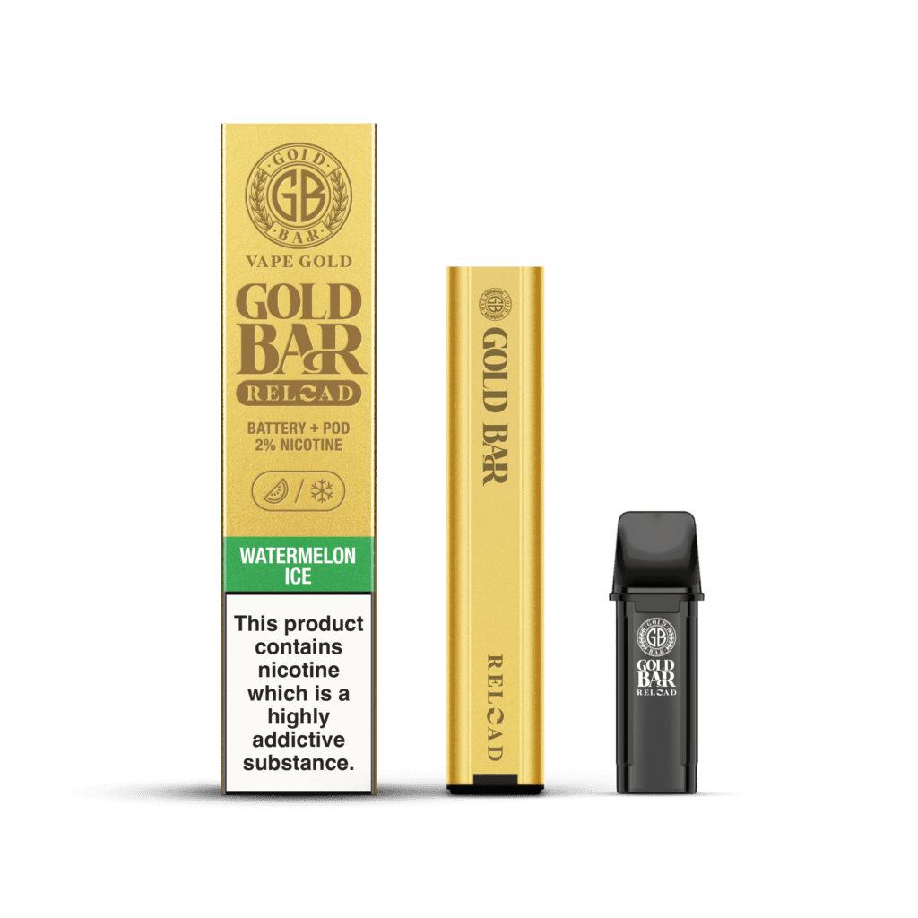 Gold Bar Reload Set de Vaper recargable sistema pod cerrado con 1 cartucho de sabor sandía, Gold Bar Reload Rechargable Vaper Type Closed POD system with 1 POD flavour Watermelon